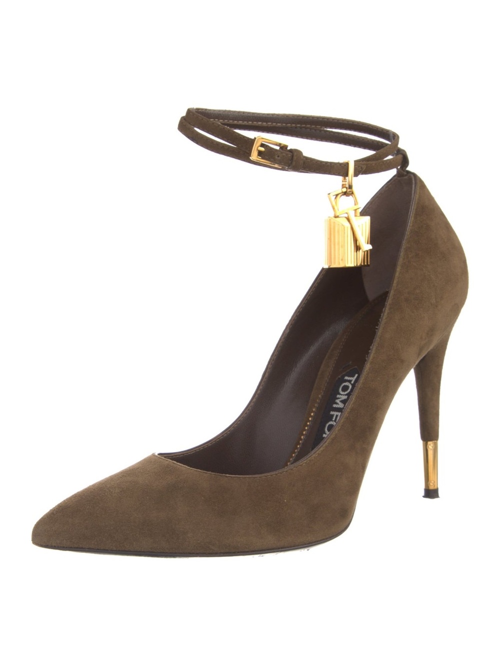 Tom Ford Suede Pumps. Green. Pointed-Toes. Straps & Buckle Closure at Ankles.